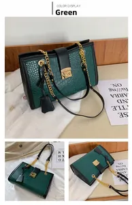 Detailed views of dark green crocodile pattern tote bag with gold chain and metal buckle