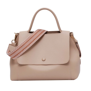 Khaki crossbody bag with wide geometric woven strap and round buckle detail