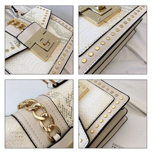 Macro views of white snake-textured leather bag with gold hardware and rivet details