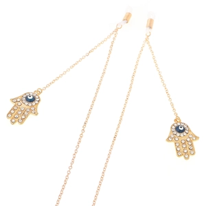 Chaîne à lunettes dorée avec pendentifs Main de Fatma et yeux bleus sertis de strass