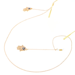 Chaîne de lunettes dorée avec pendentifs Main de Fatma et breloques œil de cristal