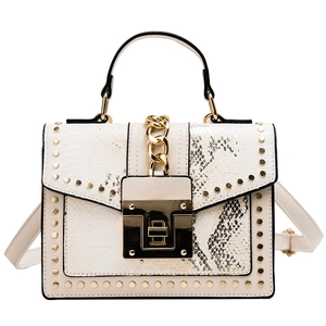 Elegant cream white square handbag with snakeskin texture, gold rivets and metal chain