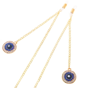 Golden eyewear chain with sparkling rhinestone evil eye pendants and anti-slip rubber loops