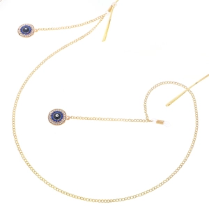 Golden eyewear chain with evil eye charms and sparkling rhinestones for glasses