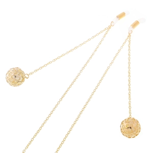Golden metal eyewear chain featuring hollow ball pendants and non-slip rubber loops