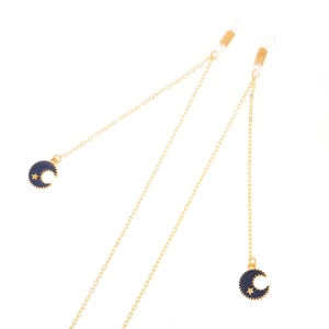 Golden anti-slip metal eyewear chain with blue enamel moon and star charms