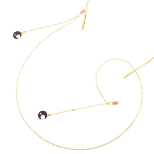 Gold anti-slip eyewear chain featuring navy blue enamel moon and star charms on white background