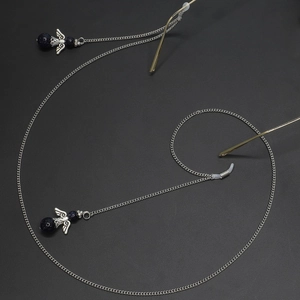 Silver chain eyewear strap with blue natural stone beads and angel charms on black base