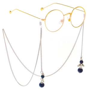 Retro gold glasses with silver chain featuring blue beads and angel charm pendant
