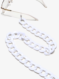 White acrylic chunky eyewear chain with non-slip silicone loops on white background
