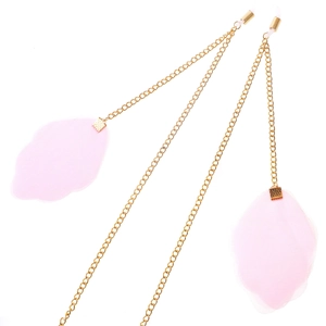 Chaîne de lunettes en métal doré avec pendentifs feuilles en résille rose et boucles