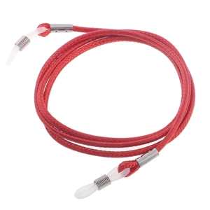 Detail of red braided wax rope eyewear strap with adjustable anti-slip silicone loops