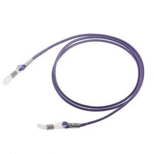 Purple woven eyeglasses strap with adjustable silver spring and white silicone loops