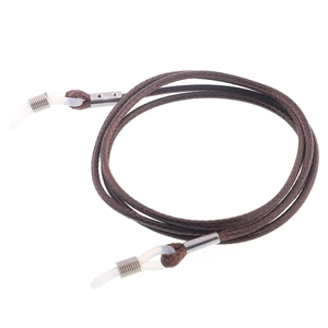 Dark brown woven wax rope glasses strap with silver metal buckles and rubber ends