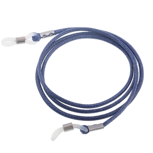 Blue woven wax rope eyewear strap with silver metal clips and silicone anti-slip loops