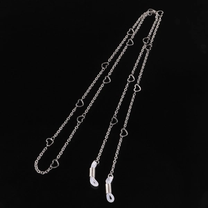 Silver stainless steel eyewear chain with hollow heart links and adjustable rubber loops
