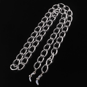 Silver thick metal chain glasses strap with non-slip silicone loops on black background
