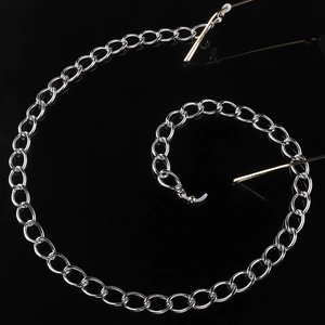 Polished silver metal eyewear chain with adjustable silicone loops on black background