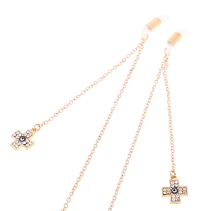 Goldene Brillenkette mit funkelnden Strass-Kreuzen und blauen Evil Eye Anhängern Dekor