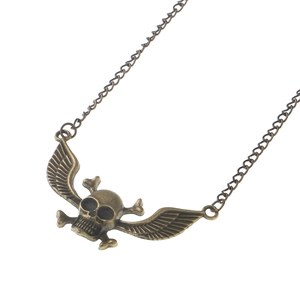 Vintage bronze skull and feathered wing pendant on long chain punk sunglasses strap