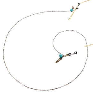 Chaîne de lunettes vintage en bronze avec perles turquoise et breloques de plumes