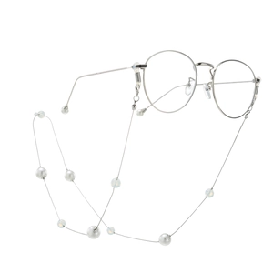 Silver round frame glasses with handmade white pearl and iridescent beaded chain strap