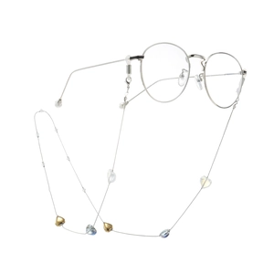 Silver round frame glasses with colorful heart bead chain holder on white background