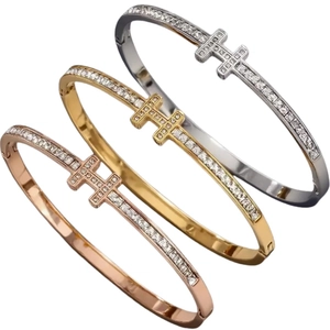 H-shape crystal paved stainless steel bangles in gold, silver, and rose gold finish