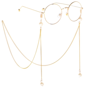 Retro round gold metal glasses frame with decorative white pearl chain link strap