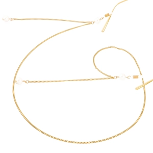 Detailed close-up of gold metal eyewear chain featuring elegant white pearl accents