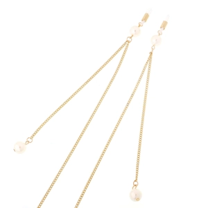 Elegant gold metal eyeglass chain with white pearl accents and rubber loop connectors