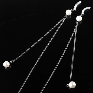 Retro round metal eyeglass chain with decorative white pearls on silver link lanyard