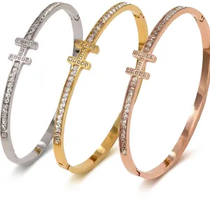 Three-piece set of H-shape stainless steel bracelets with sparkling pave zircons