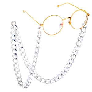Chic gold round frame glasses with transparent thick acrylic link chain strap on white background
