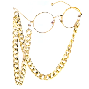 Fashionable gold thick curb chain eyewear strap with round metal frame glasses
