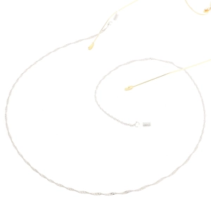 Minimalist silver twist rope eyewear chain with gold metal bar accents on white background
