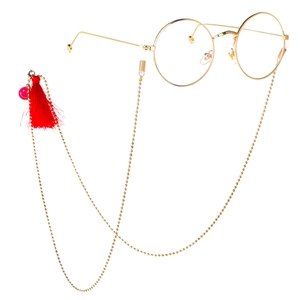 Lunettes De Soleil Rétro À Monture Métallique Ronde Et Chaîne En Perles Dorées Pompon Rouge Pendentif Smiley En Émail Pour Femmes