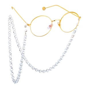 Fashion gold round frame glasses with a thick silver chain strap on white background