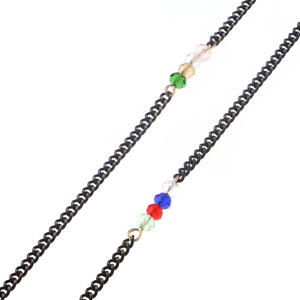 Black metal eyeglass chain featuring colorful crystal beads on a white background