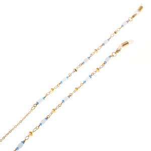 Chaîne de lunettes dorée avec perles bleues, perles blanches et breloques en cœur