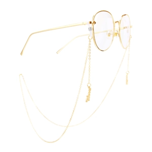 Golden round metal eyewear frame with non-slip decorative letter pendant chain