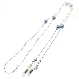 Chaîne de lunettes faite main avec perles blanches et perles de cristal bleu sur argent