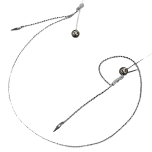 Sleek silver metal eyeglass chain with dark grey beads and cone pendant charms