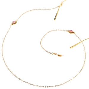 Golden chain eyewear strap with pink teardrop rhinestone and anti-slip rubber loops