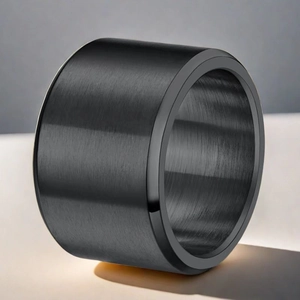 Minimalist black brushed titanium steel ring with polished edges for men's fashion