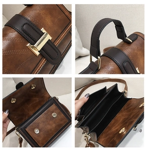 Detail shots of brown vintage crossbody bag with H-shaped gold clasp and interior compartments