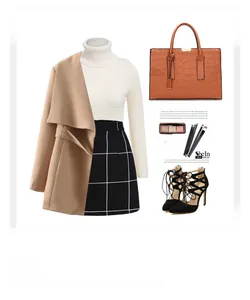 Brown crocodile texture handbag styled with khaki coat and white knit sweater