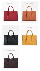 Detailed grid view of faux crocodile leather handbags in burgundy, brown, black and yellow