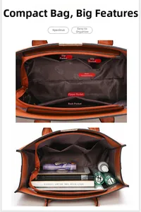 Detail view of the brown leather tote bag interior compartments and large capacity
