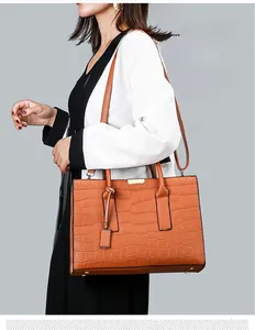 Detail of vintage brown crocodile pattern handbag styled with white professional attire